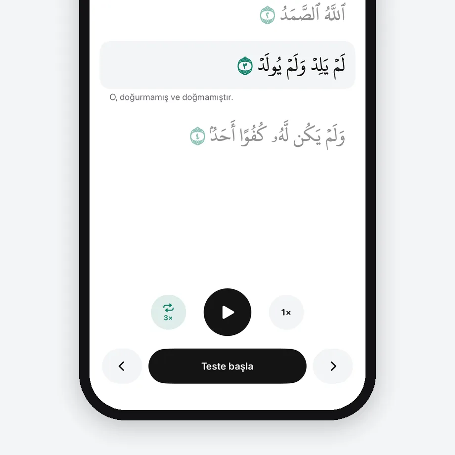 Tekrar ve hız ayarlı ezber ekranı